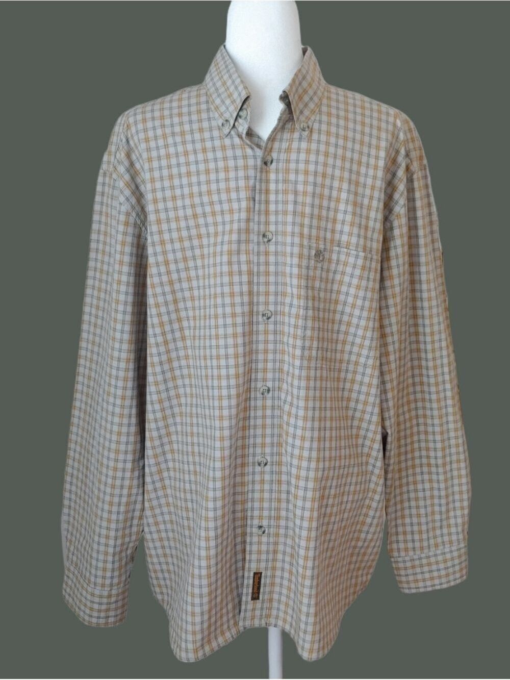 Timberland Men's Light Yellow and Gray Plaid Button-Down Shirt Large